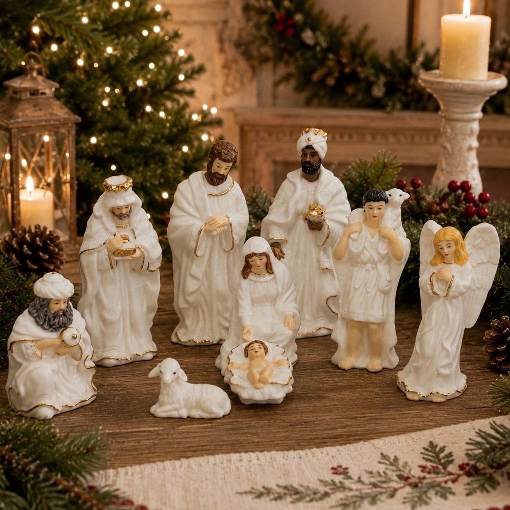 Holy Family Fine Porcelain Nativity‎ Set 9 Piece White Gold Trim VTG NIB